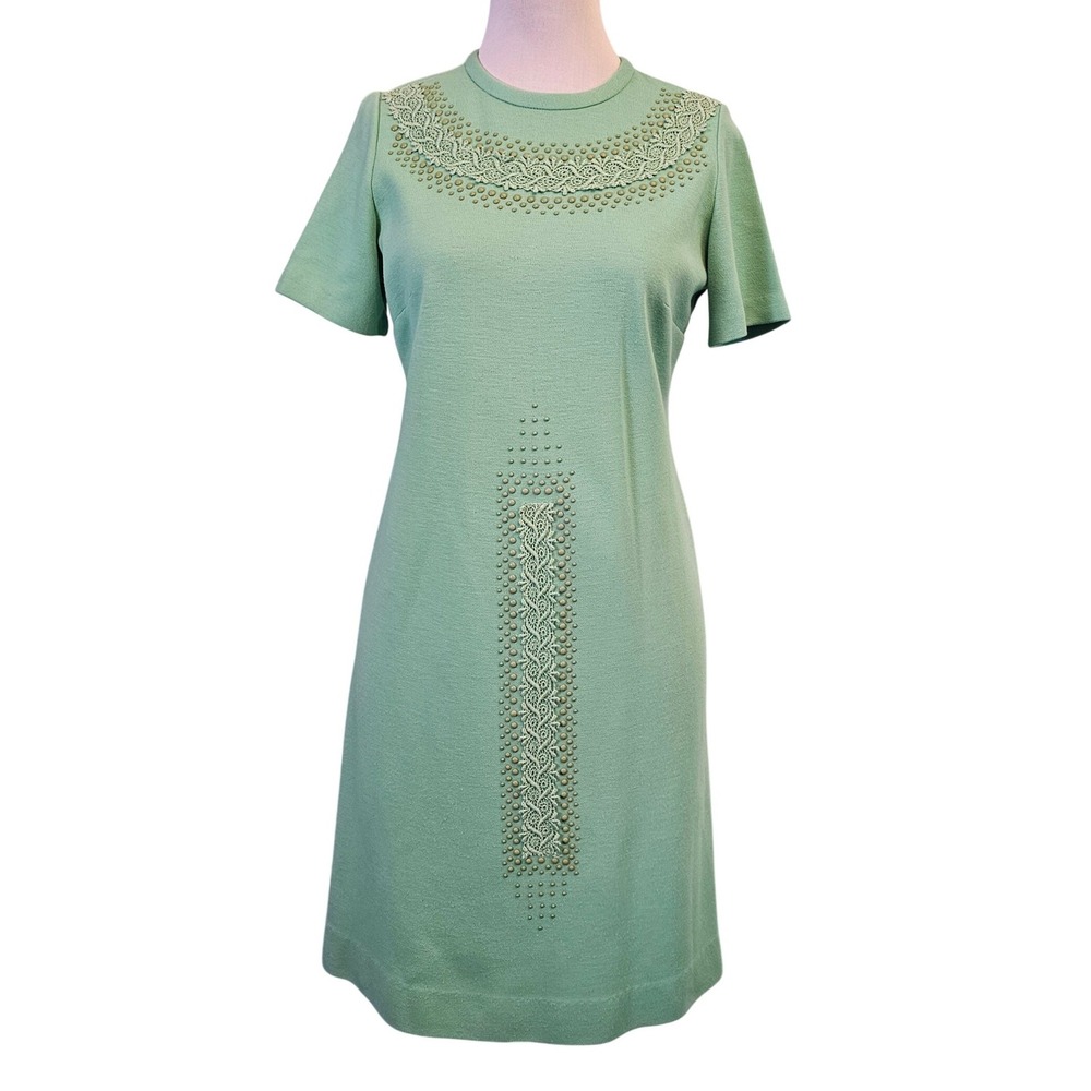 Vintage 1960s Mint Green Knit Shift Dress Lace Studded Mod Mad Men Size M